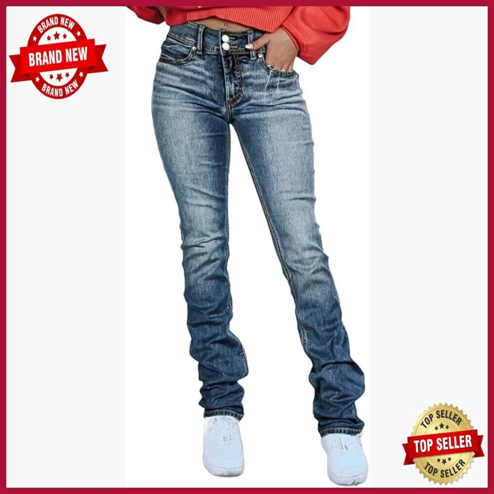 Stretchy Mid Rise Bootcut Jeans, Straight Leg, Double Button Front